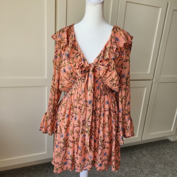 Free People Dresses & Skirts - Free People Pink Floral Summer Mini Dress Ruffle Tie Cute Medium